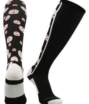 MadSportsStuff socks Black/White / Large Crazy Baseball Socks with Baseballs over the calf