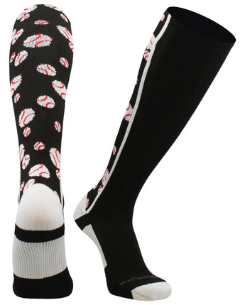 MadSportsStuff socks Black/White / Large Crazy Baseball Socks with Baseballs over the calf