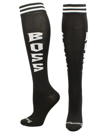 MadSportsStuff socks Boss - Black/White / Large Personality Word Socks Over the Calf Length