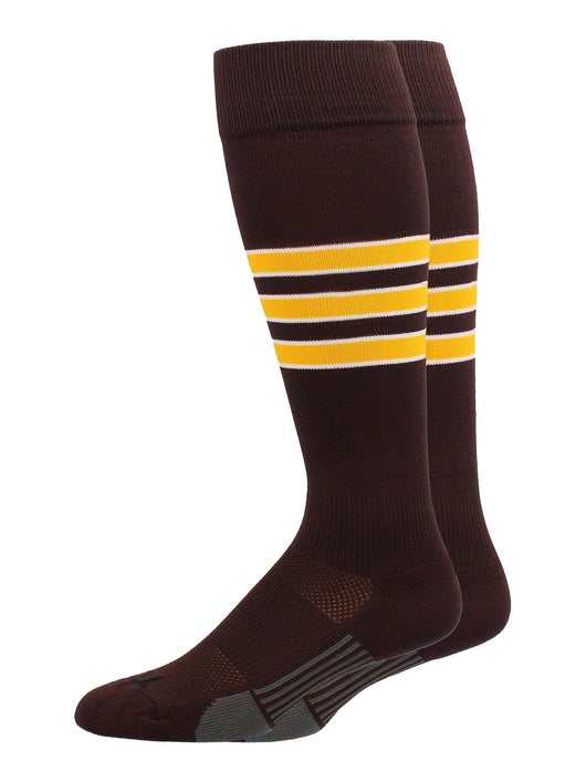 MadSportsStuff socks Brown/Gold/White / Medium Striped Baseball Socks Over the Calf Dugout Pattern D