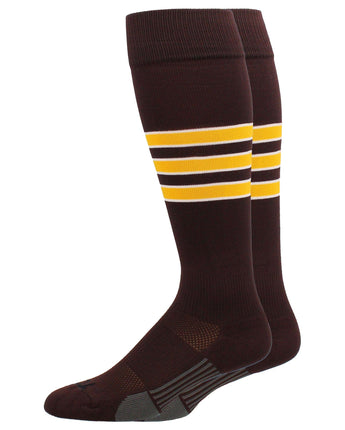 MadSportsStuff socks Brown/Gold/White / Medium Striped Baseball Socks Over the Calf Dugout Pattern D