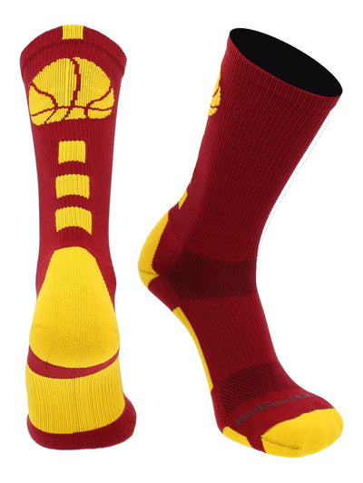 MadSportsStuff socks Cardinal Red/Gold / Large Basketball Socks with Basketball Logo Athletic Crew Socks - made in the USA