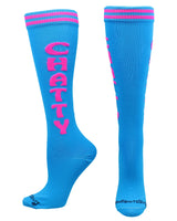MadSportsStuff socks Chatty - Blue/Neon Pink / Large Personality Word Socks Over the Calf Length