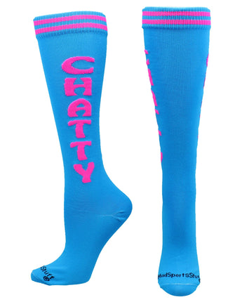 MadSportsStuff socks Chatty - Blue/Neon Pink / Large Personality Word Socks Over the Calf Length
