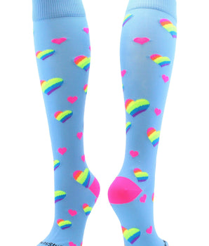 MadSportsStuff socks Columbia Blue/Neon Pink / Large Rainbow Hearts Tall Socks for Soccer Softball