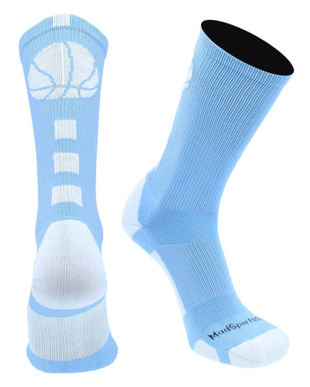 MadSportsStuff socks Columbia Blue/White Basketball Socks with Basketball Logo Athletic Crew Socks - made in the USA - Large