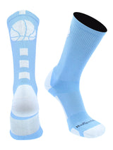 MadSportsStuff socks Columbia Blue/White Basketball Socks with Basketball Logo Athletic Crew Socks - made in the USA - Large