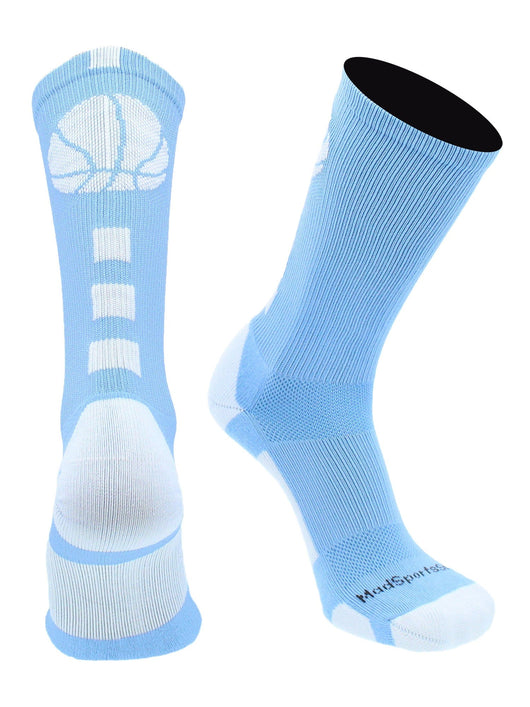MadSportsStuff socks Columbia Blue/White / Large Basketball Socks with Basketball Logo Athletic Crew Socks - made in the USA