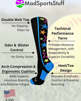 MadSportsStuff socks Crazy Socks with Stars Over the Calf Socks (multiple colors)