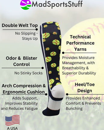 MadSportsStuff socks Crazy Softball Socks with Softballs over the calf (multiple colors)