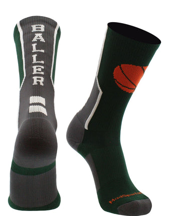 MadSportsStuff socks Dark Green/Graphite / Small Baller Basketball Socks with Basketball Logo Crew Length