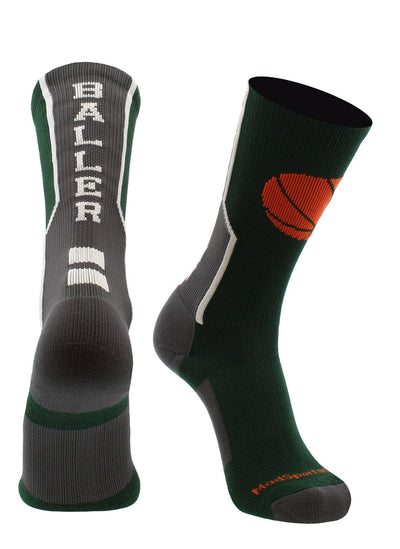 MadSportsStuff socks Dark Green/Graphite / Small Baller Basketball Socks with Basketball Logo Crew Length