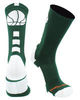 MadSportsStuff socks Dark Green/White Basketball Socks with Basketball Logo Athletic Crew Socks - made in the USA - Large