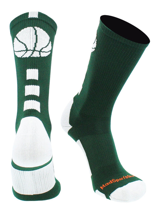 MadSportsStuff socks Dark Green/White / Large Basketball Socks with Basketball Logo Athletic Crew Socks - made in the USA