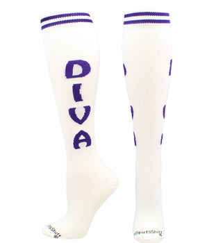 MadSportsStuff socks Diva - White/Purple / Large Personality Word Socks Over the Calf Length