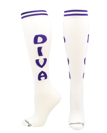 MadSportsStuff socks Diva - White/Purple / Large Personality Word Socks Over the Calf Length
