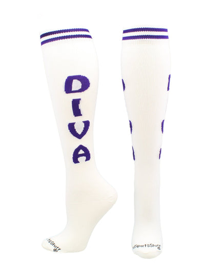 MadSportsStuff socks Diva - White/Purple / Large Personality Word Socks Over the Calf Length