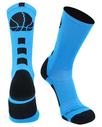 MadSportsStuff socks Electric Blue/Black Basketball Socks with Basketball Logo Athletic Crew Socks - made in the USA - Large
