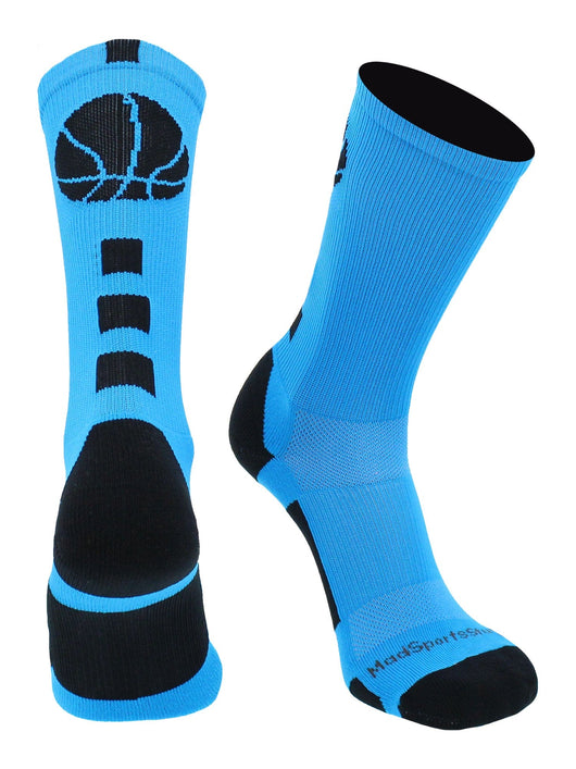 MadSportsStuff socks Electric Blue/Black / Large Basketball Socks with Basketball Logo Athletic Crew Socks - made in the USA