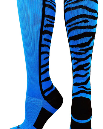 MadSportsStuff socks Electric Blue/Black / Large Crazy Socks with Safari Tiger Stripes Over the Calf Socks (multiple colors)