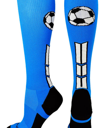 MadSportsStuff socks Electric Blue/Black/White / Small Soccer Socks with Soccer Ball Logo Over the Calf (multiple colors)