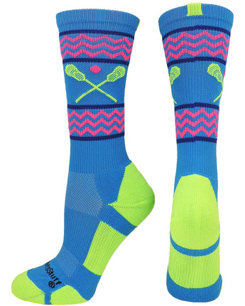 MadSportsStuff socks Electric Blue/Neon Green / Large Chevron Girls Lacrosse Socks with Lacrosse Sticks Athletic Crew Socks