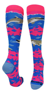 MadSportsStuff socks Electric Blue/Neon Pink / Large Happy Dolphins Athletic Over the Calf Socks