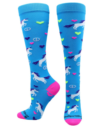 MadSportsStuff socks Electric Blue/Neon Pink / Large Peace Love Unicorn Over the Calf Athletic Socks