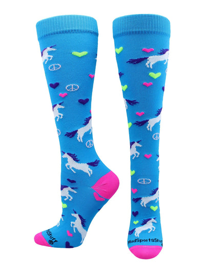 MadSportsStuff socks Electric Blue/Neon Pink / Large Peace Love Unicorn Over the Calf Athletic Socks