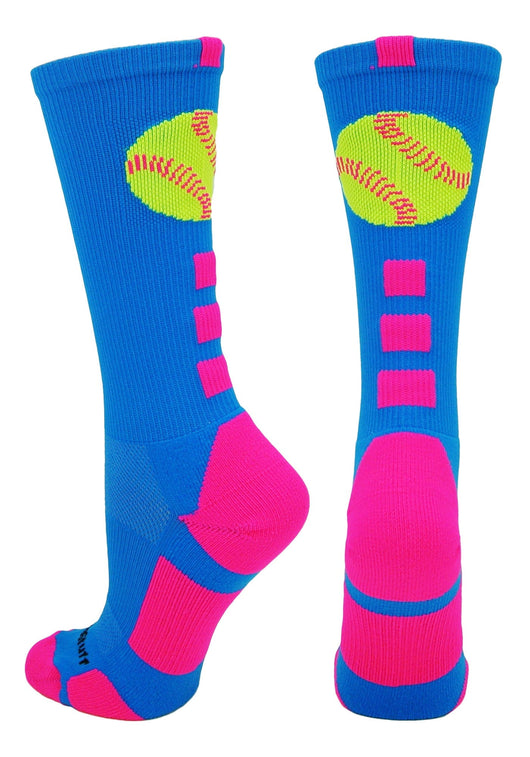 MadSportsStuff socks Electric Blue/Neon Pink / Large Softball Logo Athletic Crew Socks (multiple colors)