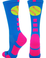 MadSportsStuff socks Electric Blue/Neon Pink / Large Softball Logo Athletic Crew Socks (multiple colors)