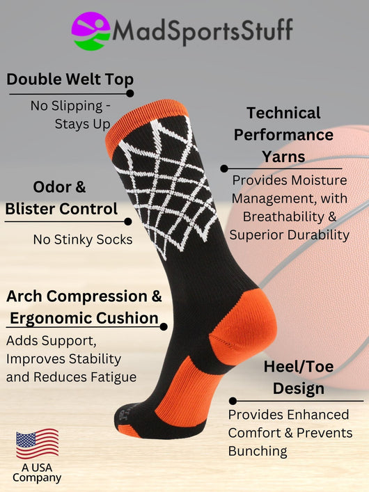 MadSportsStuff socks Elite Basketball Socks with Net Crew length - made in the USA