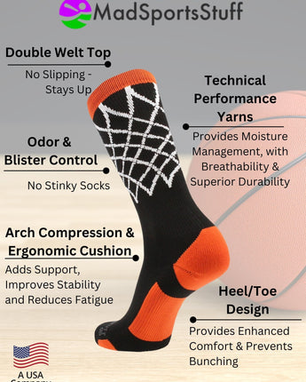 MadSportsStuff socks Elite Basketball Socks with Net Crew length - made in the USA