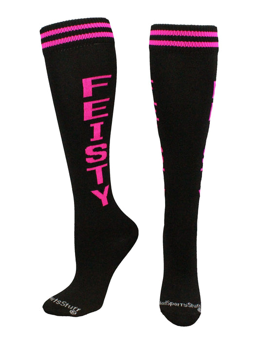 MadSportsStuff socks Feisty - Black/Neon Pink / Large Personality Word Socks Over the Calf Length