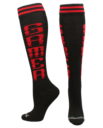 MadSportsStuff socks Gamer - Black/Red / Large Personality Word Socks Over the Calf Length