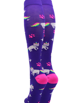 MadSportsStuff socks Half Cat Half Unicorn - Neon Rainbow Caticorn Athletic Over the Calf Socks