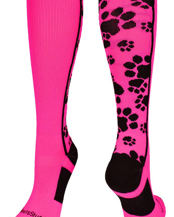 MadSportsStuff socks Hot Pink/Black / Large Crazy Socks with Paws Over the Calf (multiple colors)