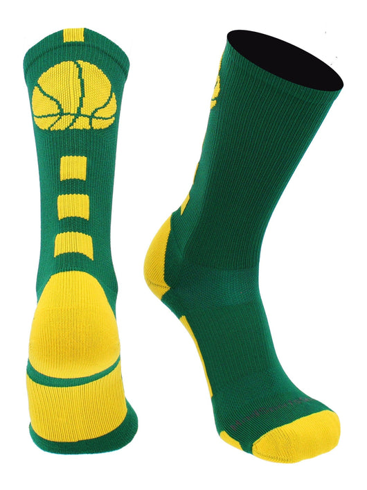 MadSportsStuff socks Kelly Green/Gold / Large Basketball Socks with Basketball Logo Athletic Crew Socks - made in the USA