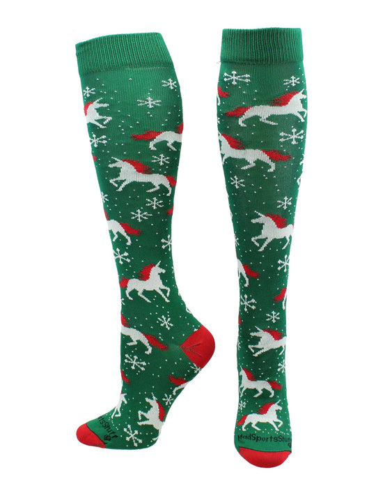 MadSportsStuff socks Kelly Green/Red/White / Large Christmas Unicorn Socks Over the Calf