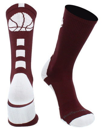 MadSportsStuff socks Maroon/White Basketball Socks with Basketball Logo Athletic Crew Socks - made in the USA - Large