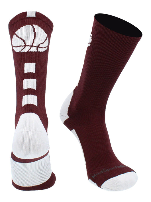 MadSportsStuff socks Maroon/White / Large Basketball Socks with Basketball Logo Athletic Crew Socks - made in the USA