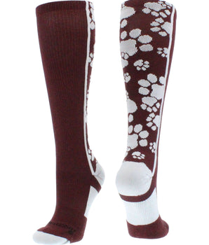 MadSportsStuff socks Maroon/White / Large Crazy Socks with Paws Over the Calf (multiple colors)