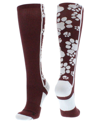 MadSportsStuff socks Maroon/White / Large Crazy Socks with Paws Over the Calf (multiple colors)