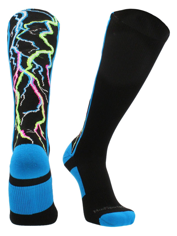 MadSportsStuff socks Multi-Neon/Black / Large Crazy Socks with Lightning Bolts Electric Storm Over the Calf