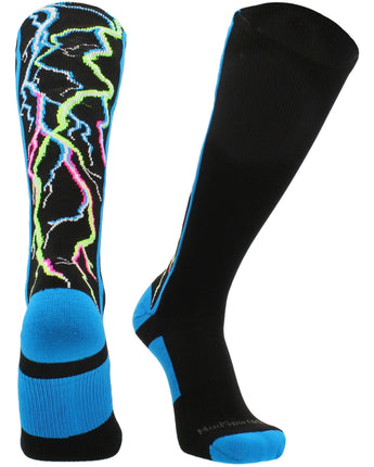 MadSportsStuff socks Multi-Neon/Black / Large Crazy Socks with Lightning Bolts Electric Storm Over the Calf