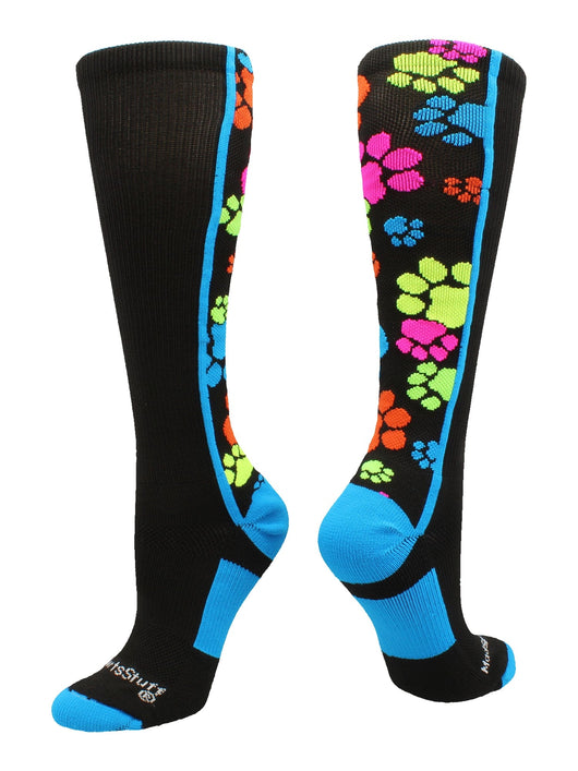 MadSportsStuff socks Multi-Neon/Black / Large Crazy Socks with Paws Over the Calf (multiple colors)