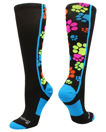 MadSportsStuff socks Multi-Neon/Black / Large Crazy Socks with Paws Over the Calf (multiple colors)
