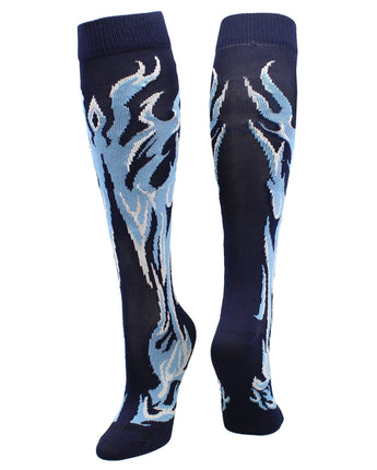 MadSportsStuff socks Navy/Columbia Blue/White / Large Flame Socks Athletic Over the Calf Socks (multiple colors)