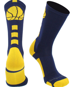 MadSportsStuff socks Navy/Gold Basketball Socks with Basketball Logo Athletic Crew Socks - made in the USA - Large