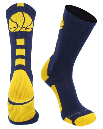 MadSportsStuff socks Navy/Gold Basketball Socks with Basketball Logo Athletic Crew Socks - made in the USA - Large